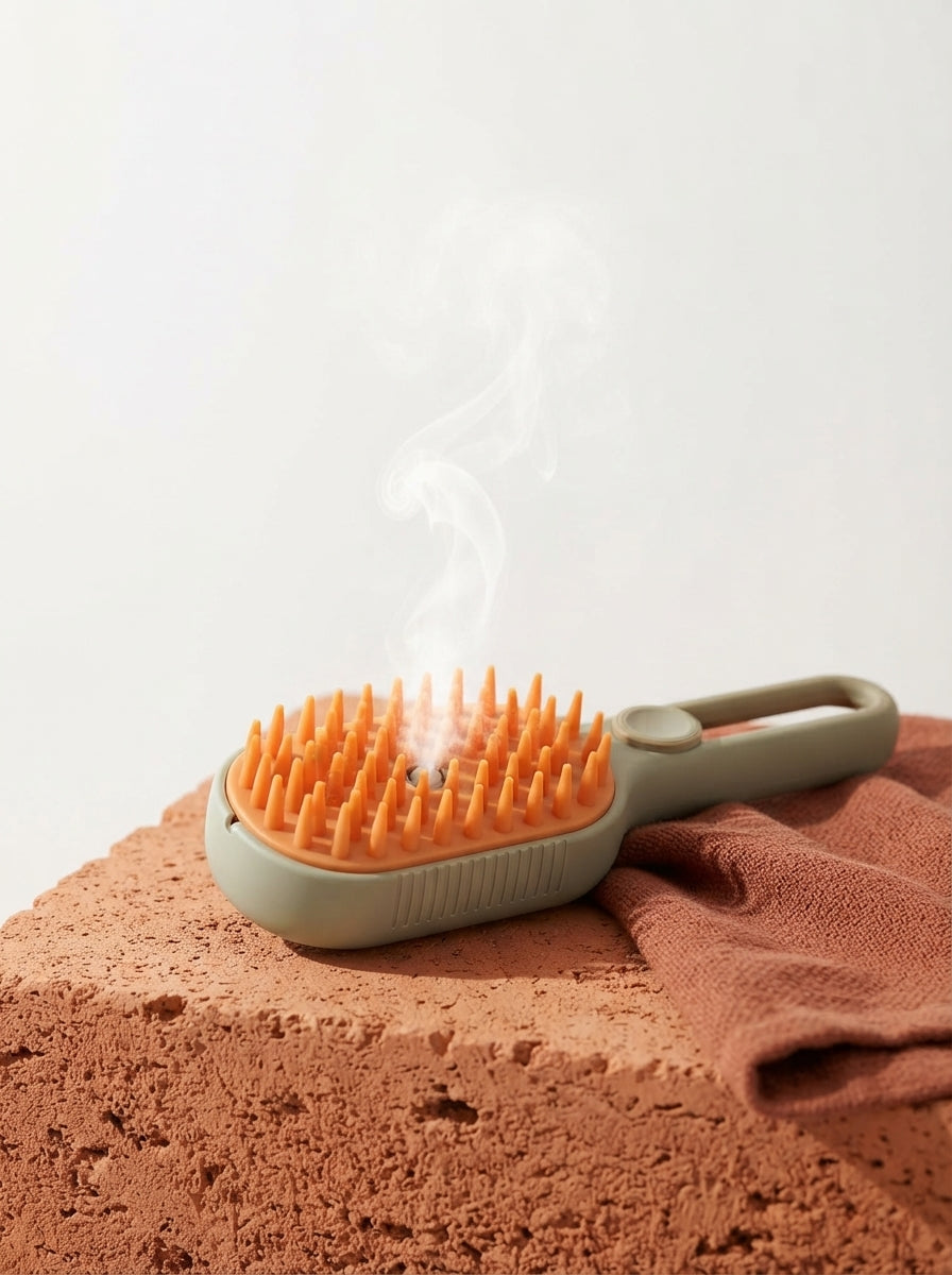 Pawgett Spa Steam Pet Brush resting on a terracotta surface with rising steam, emphasizing a clean and fur-free grooming expe